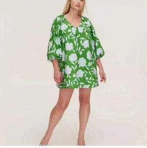 Kate Spade Mini Dress Classic Rose Poplin Green Blue Puff Sleeve Size Medium